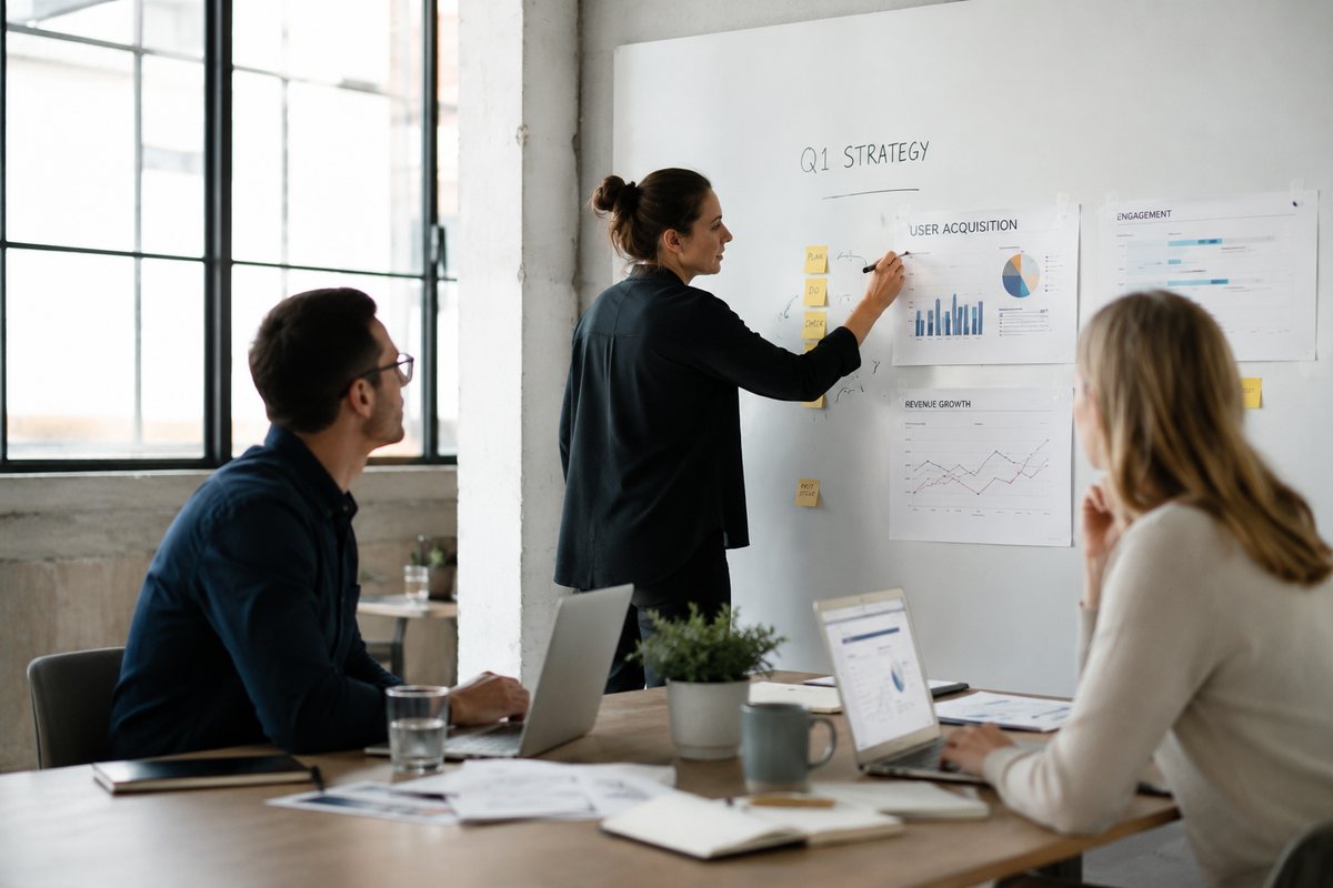 A team mapping a quarterly plan on a whiteboard