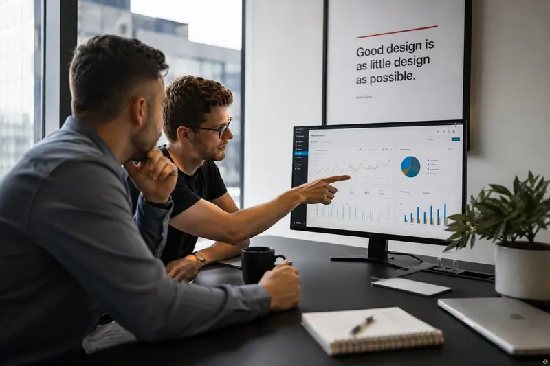 Two colleagues reviewing a performance dashboard on a large monitor