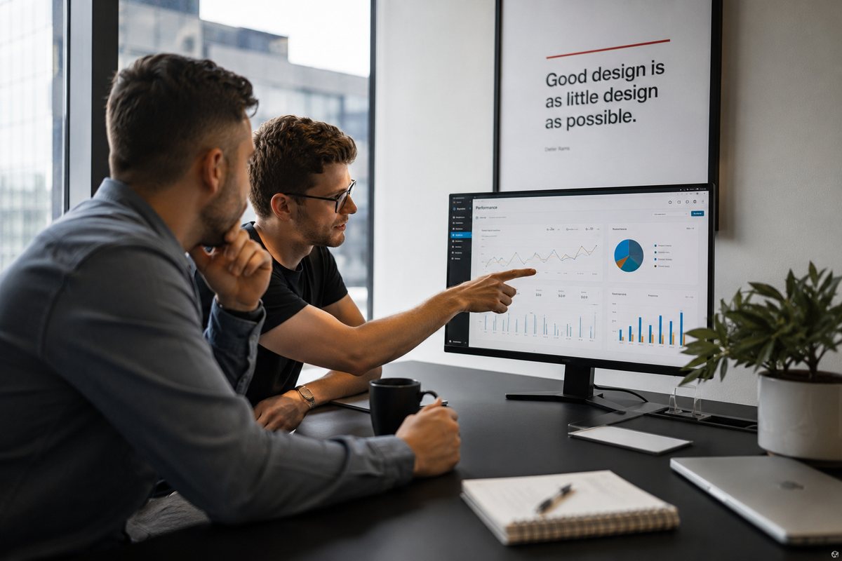 Two colleagues reviewing a performance dashboard on a large monitor