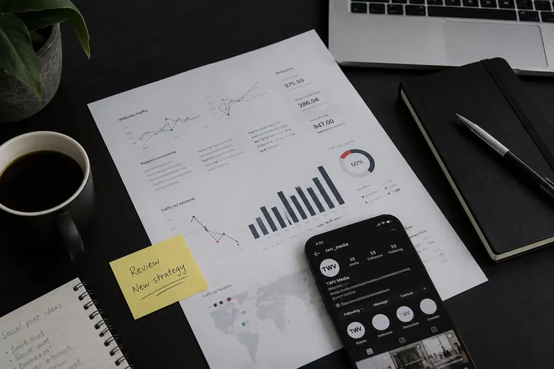 A printed performance report on a desk beside a phone showing a social profile