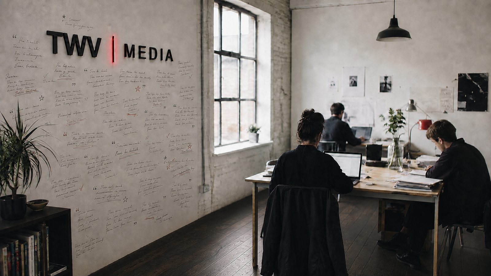 The TWV Media studio, with the wordmark and a wall of handwritten client notes
