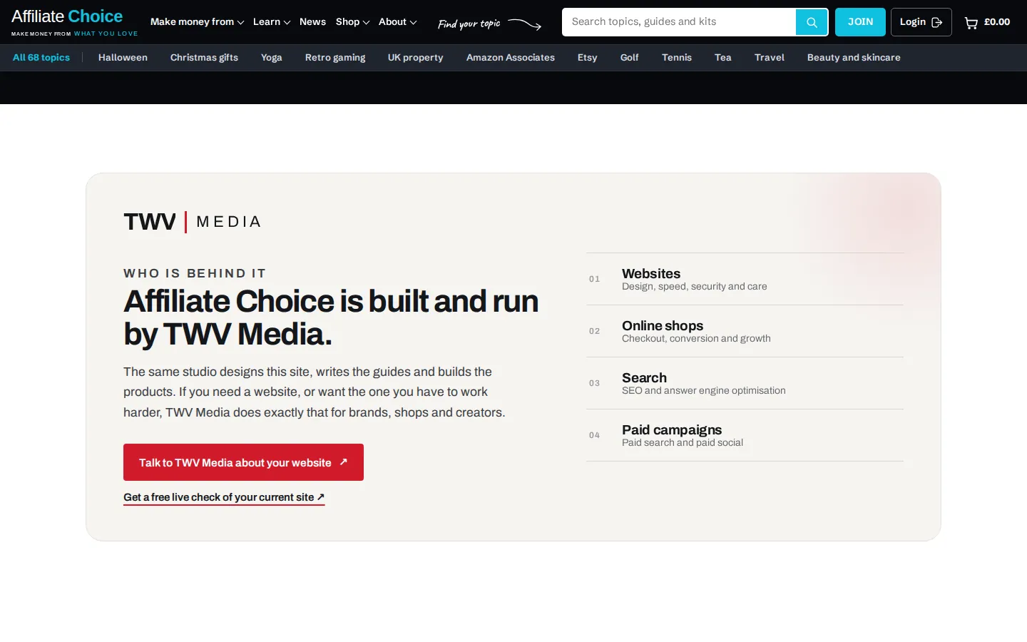 The Affiliate Choice About page, saying the site is built and run by TWV Media