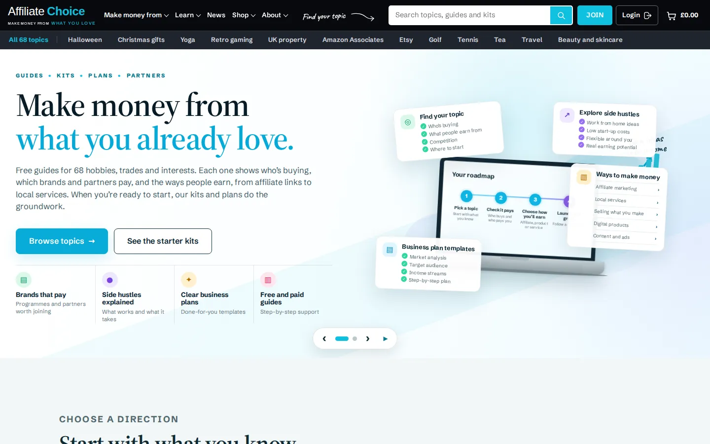 The Affiliate Choice homepage, headed make money from what you already love