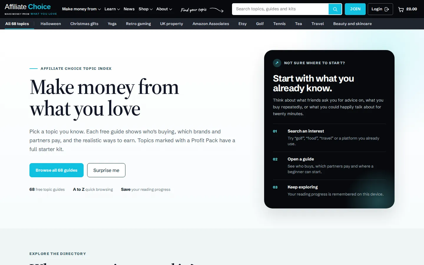 The Affiliate Choice topic index, headed make money from what you love