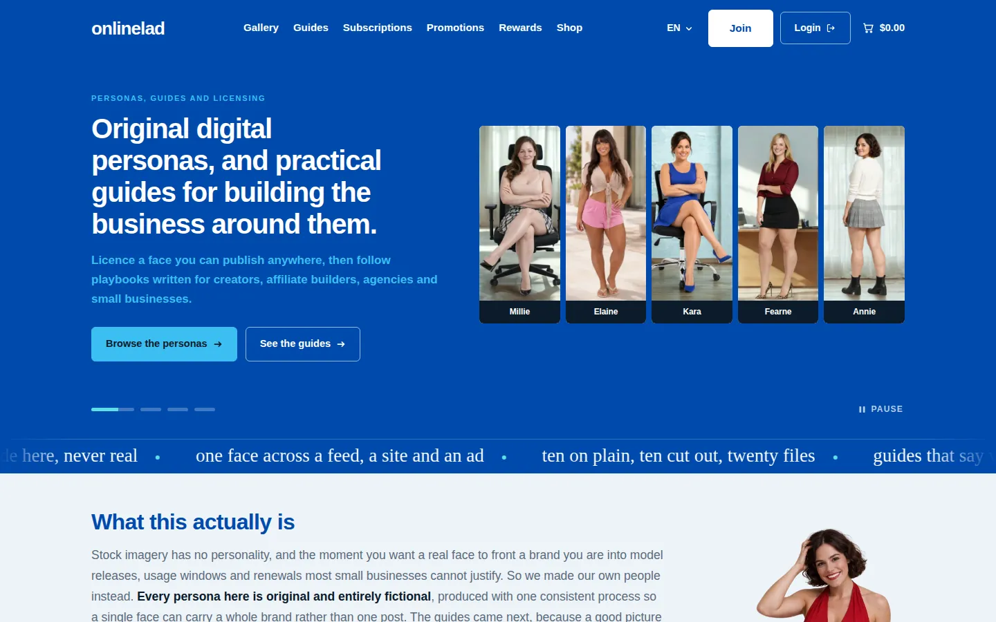 The onlinelad homepage, pairing five personas with the line: original digital personas, and practical guides for building the business around them
